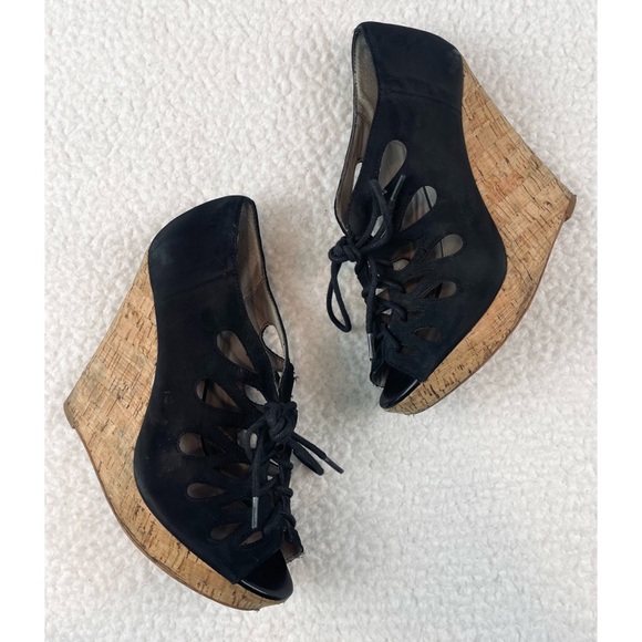hinge Shoes - HINGE • Lea Black Suede Leather Lace-Up Cork Sandal Wedges, 8